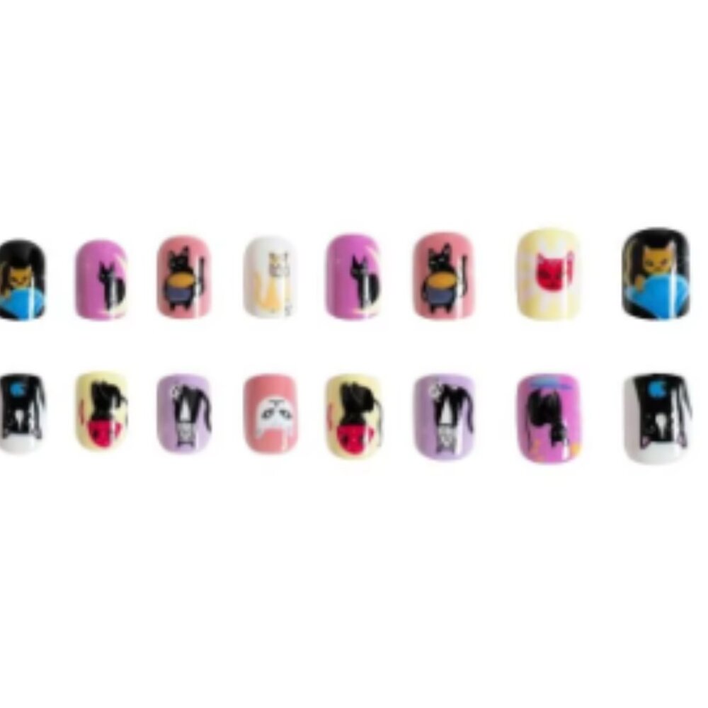 24 Pc Short Round Cats Cartoon False Artificial Press Glue On Nail - Picture 6 of 7